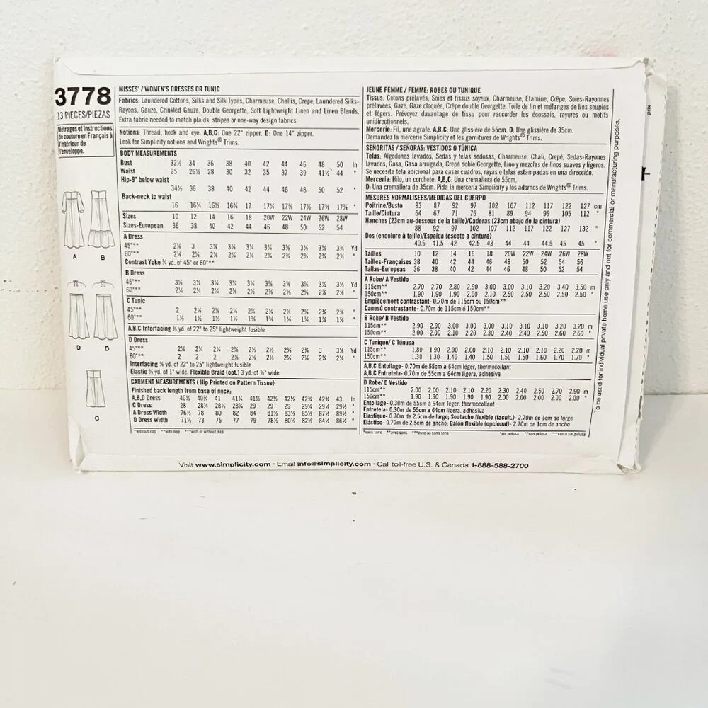 Simplicity Sewing Pattern 3778